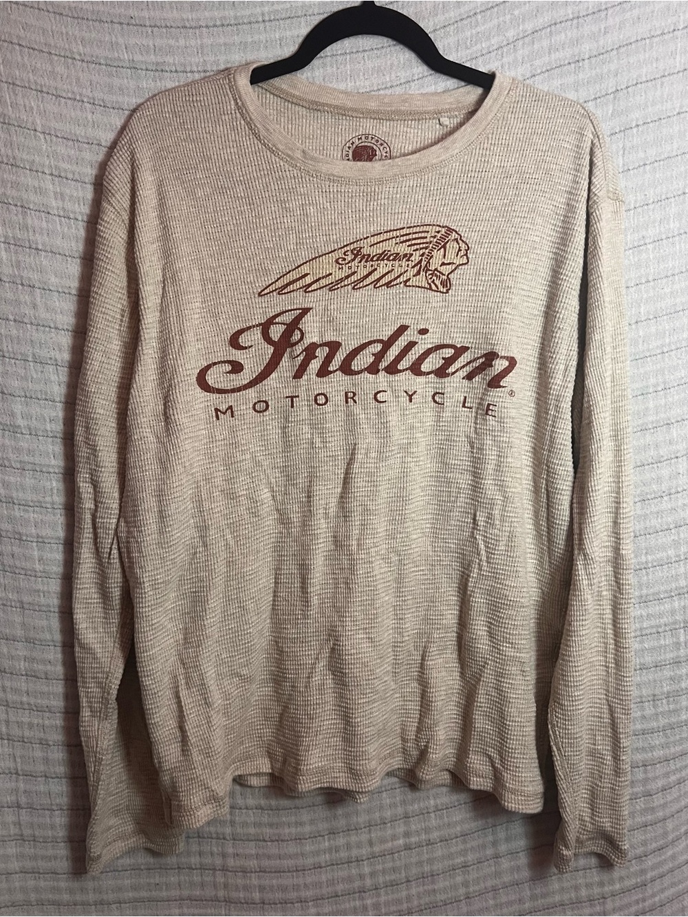 Lucky Brand Cream Waffle-Knit Crewneck with Indian Motorcycle Logo